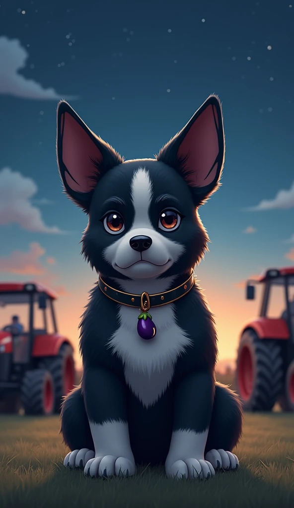 Masterpiece. Conceptual art. 16K. UHD. High quality, photorealism. Thematic background.
Cute serious Guard Puppy. Black puppy with a white stripe on his muzzle from forehead to mouth. Large white spot on his chest. White paws. A pendant in the form of a small eggplant hangs on his collar. Starry night. Guards agricultural machinery.
Stunning full-color design, sharp focus, studio shooting, intricate details, high detail, detailed anatomy. Hyperrealism.