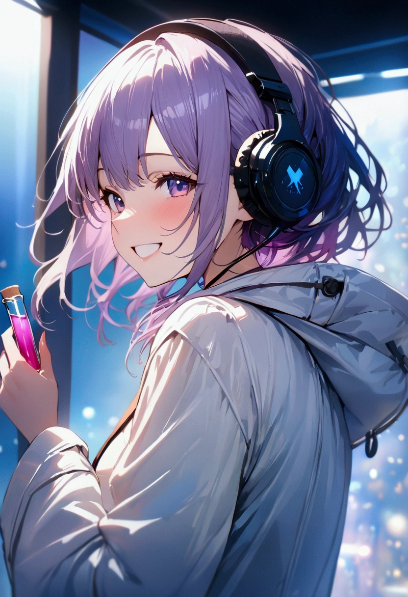 Purple hair color,woman,Wearing a white coat,I have a test tube.,Cinema Lighting, (masterpiece:1.2), 最high quality, high quality, High resolution, (Super detailed), Detailed Background, One person,headphone,smile,Light background,blue sky,Have fun and laugh,