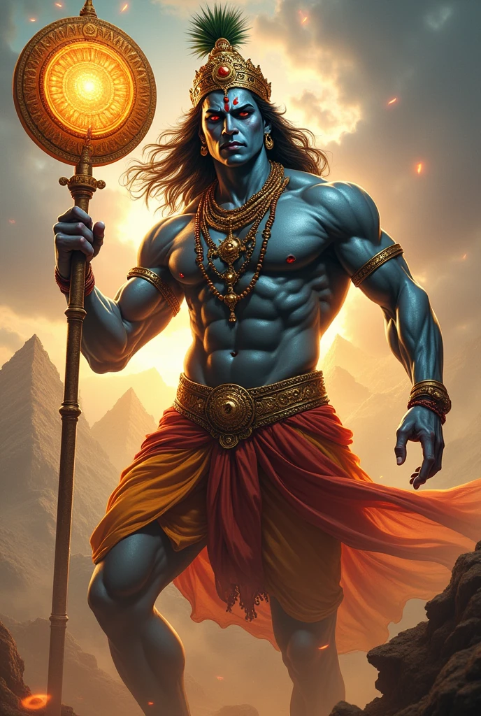 Lord Krishna in Mahabharat with a wheel in hand as a warrior aggresive look
