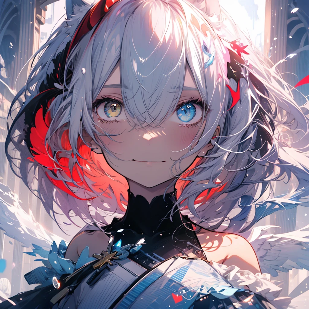 [[[ ultra-detailed, best quality, soft skin, beautiful, 4K]]] white hair, ((white cat ears)), ((one perfect demon red and black eye)) , ((white and blue eye)) ,((heterochromia)), tied-up hair, slender body, dynamic angle, white choker, white and blue upper loose kimono (off shoulders kimono ) , ((half evil expression)) , ((half sad expression)) , female, snowy palace gardens background, serious, blood on snow). walking angle, ((little horny smile)), bare shoulders,  easy like, scenery, sexy pose, blood tears from one eye, normal watwr tears from the other eye, half face good, half face evil, HQ face details