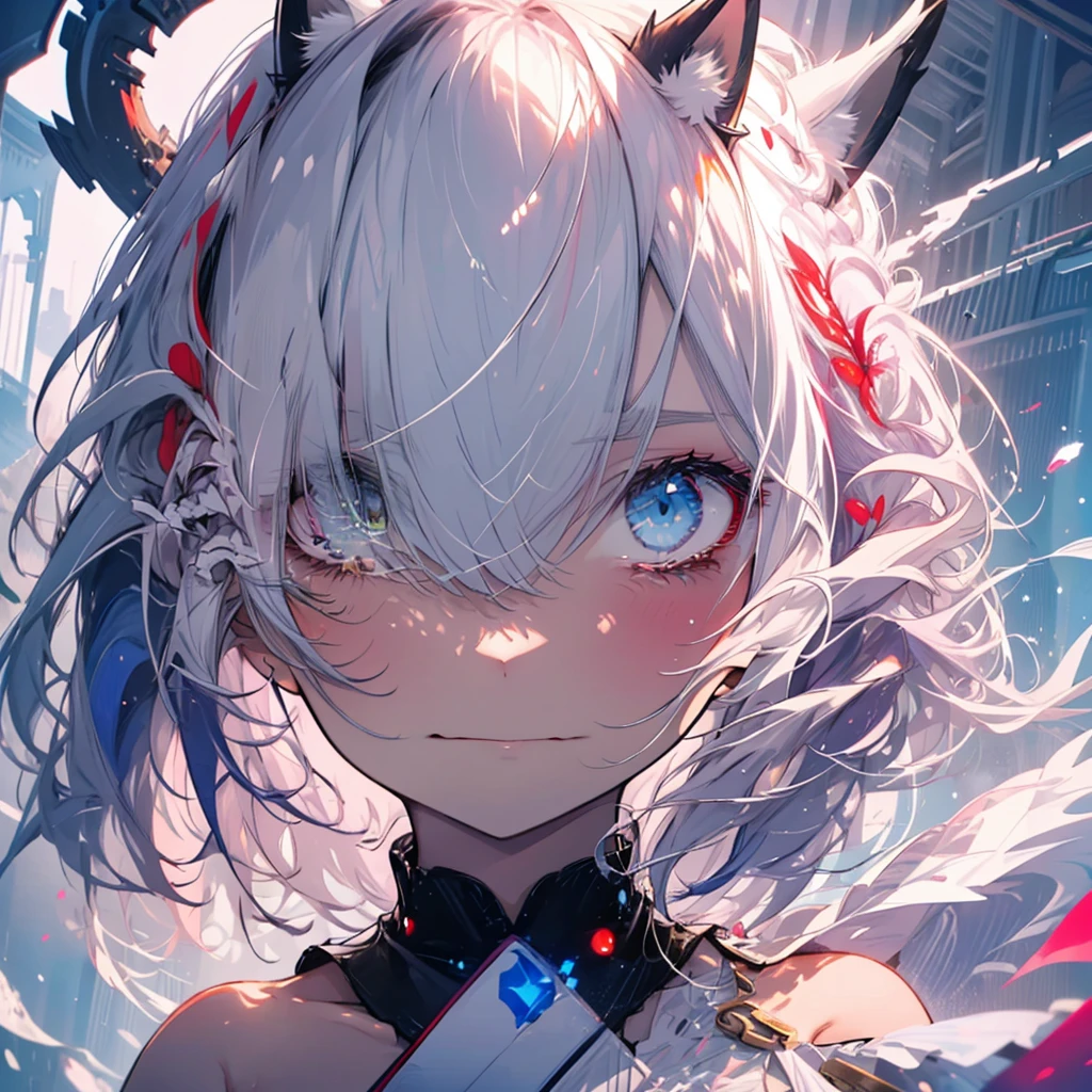 [[[ ultra-detailed, best quality, soft skin, beautiful, 4K]]] white hair, ((white cat ears)), ((one perfect demon red and black eye)) , ((white and blue eye)) ,((heterochromia)), tied-up hair, slender body, dynamic angle, white choker, white and blue upper loose kimono (off shoulders kimono ) , ((half evil expression)) , ((half sad expression)) , female, snowy palace gardens background, serious, blood on snow). walking angle, ((little horny smile)), bare shoulders,  easy like, scenery, sexy pose, blood tears from one eye, normal watwr tears from the other eye, half face good, half face evil, HQ face details