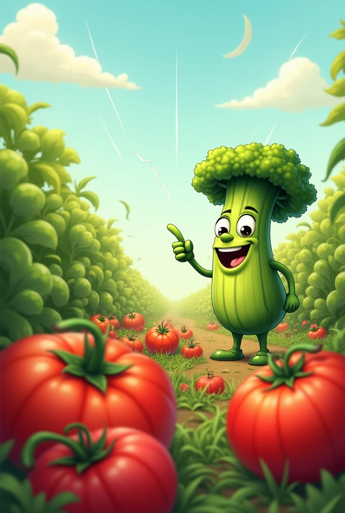 veggie points toward a cartoonish tomato patch round and red for kids cartoon