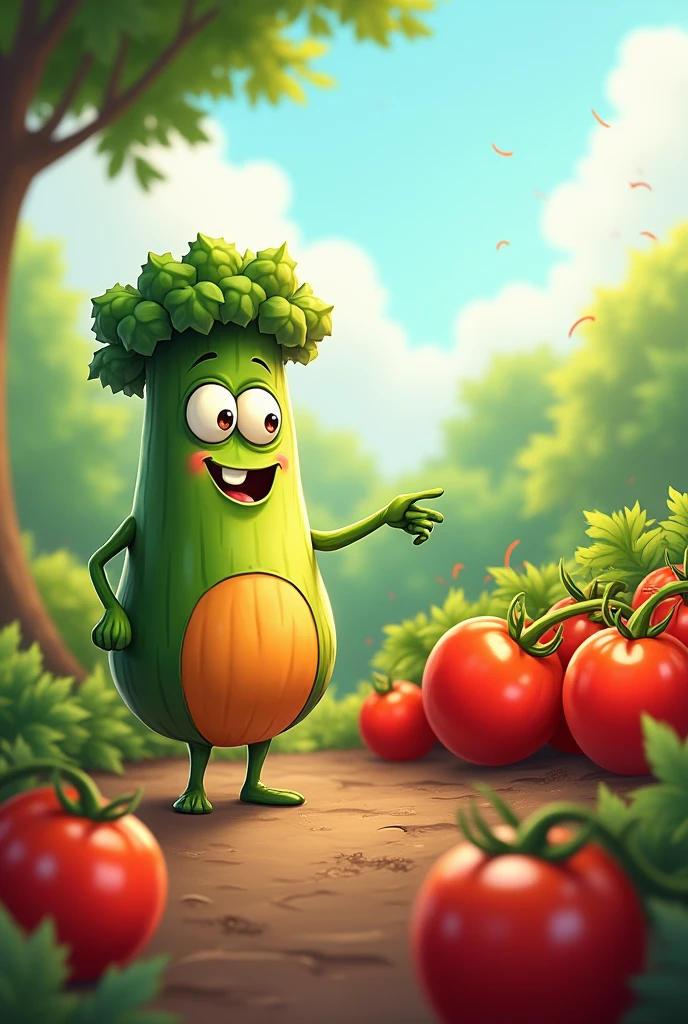 veggie points toward a cartoonish tomato patch round and red for kids cartoon