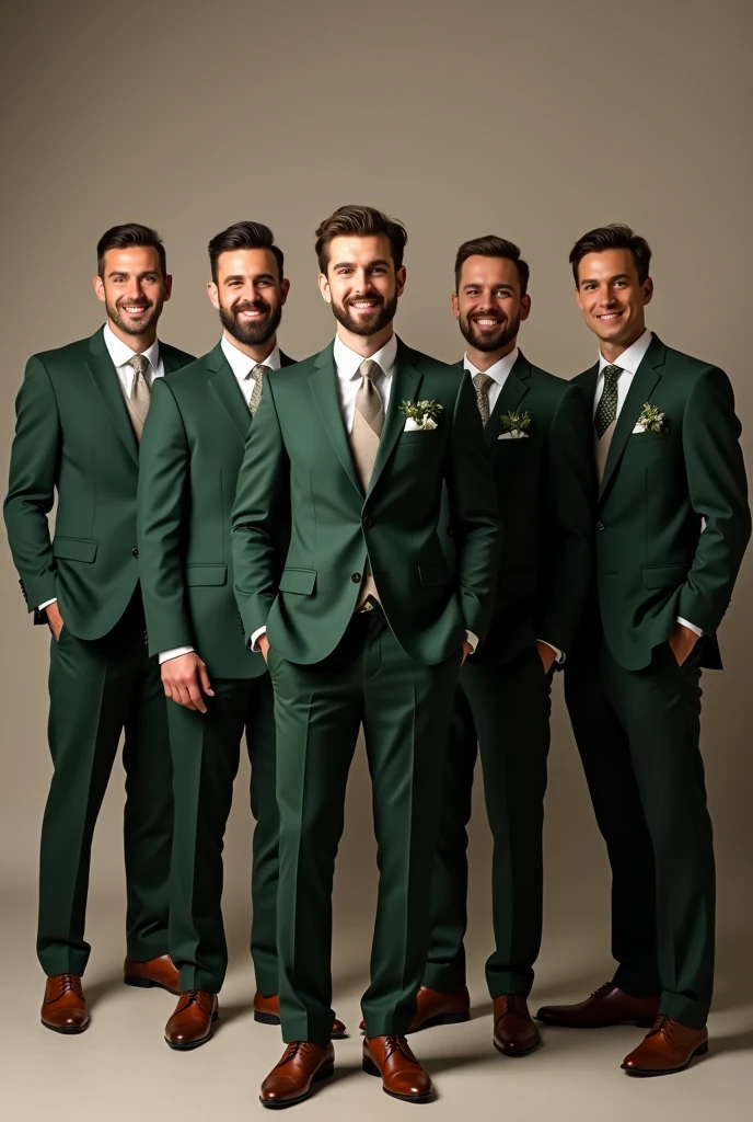 Generate a photo of a groom in a dark green suit, green vest and brown shoes, with 6 groomsmen in suits in matching color and tone