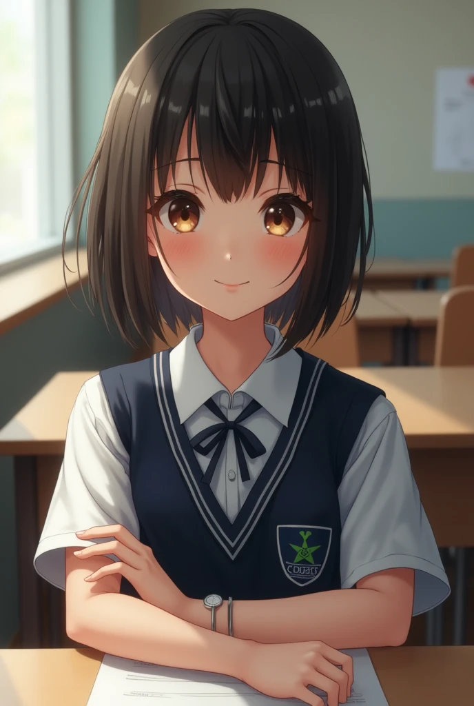 best quality, face focus, soft light, ultra high res, (photorealistic:1.4), RAW photo, 1japanese girl, solo, cute, (shy smile:0.5), (brown eyes, lights in the eyes), detailed beautiful face, (small chest),(high resolution detail of human skin texture), (short bob hair), BREAK, in classroom,navy school uniform, vest, skirt