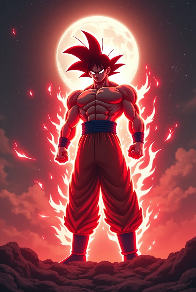 Son Goku with his red releasing his power towards the moon