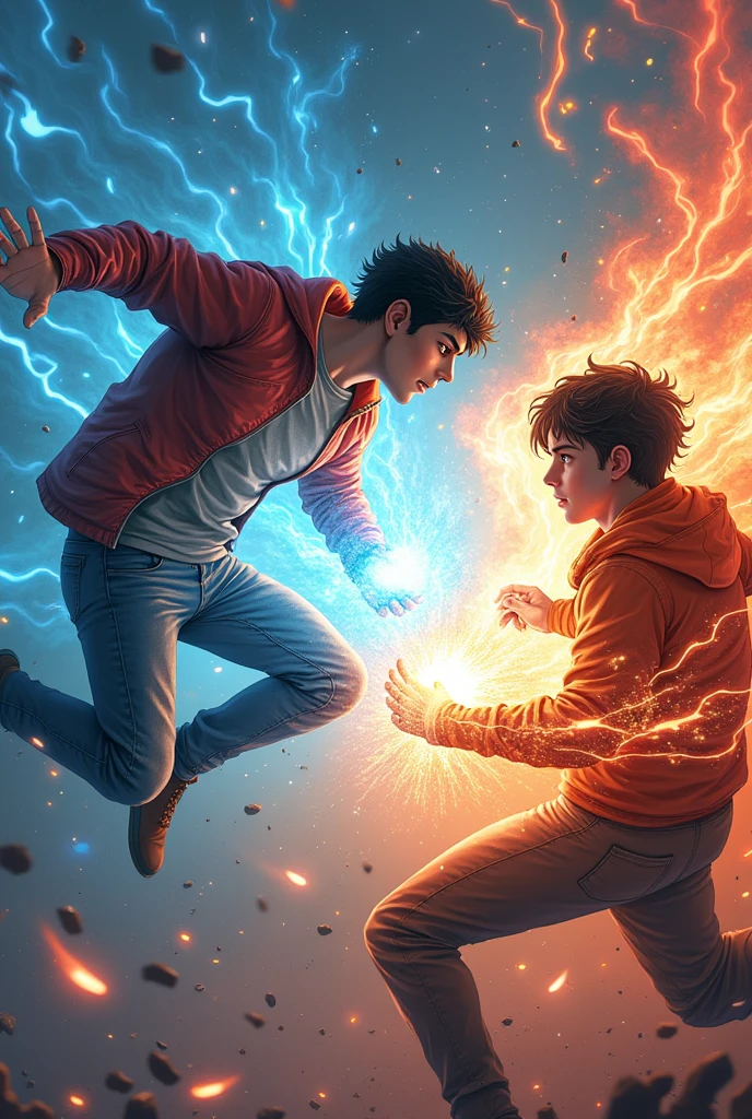 Make a brown hair green eyes extrevert boy fight with another black hair BROWN eyes introvert boy the boy brown hair has plasma powers and the black hair boy wind powers in cool fight szene the black hair boy has jacket on and the brown boy t-shirt they have cool fight szene wind power vs plasma red power mak them grown adults the black hair boys color is orange and the brown hair boys color is redblues