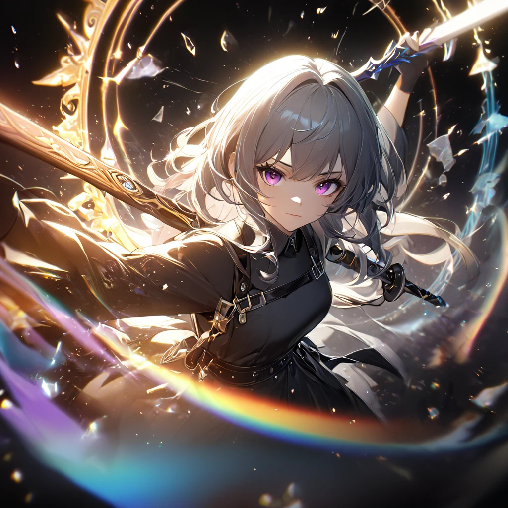 Highest quality, wonderful_delicate, wonderful delicate eyes, Super detailed, beautiful, 8k , One girl, Red eyes, evil, Facial Contour,table, Highest quality, (the Extremely Detailed CG Unity 8k wallpapers, table, Highest quality, Very detailed, Best Shadow), (For more information), (Beautifully detailed face, 細部へのbeautiful配慮), High Contrast, (Better lighting, とても優しくてbeautiful),One Girl,((透明な背景にcolorfulなペイントの飛沫, Dulux,)), ((caustic)), Dynamic Angle,beautiful輝き,whole body, Cowboy Shot, colorful, One Girl, Gray Hair, Purple eyes, Two-handed weapons, sword, swordを握る, Blue Flame, Shine, Glowing Weapons, Particles of light, wallpaper, chromatic aberration, (For more information,Dark fantasy), (Beautifully detailed face), High Contrast, (Better lighting, とても優しくてbeautiful), ((Cinematic Light)), colorful, Hyper Detail, Dramatic Light, Complex parts, Written boundary depth,black Particles of lights,(Broken glass),magic circle,