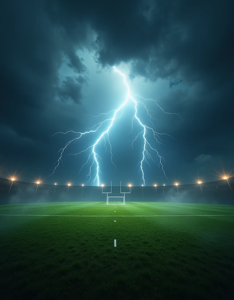 a football field without players or fans with several lightning bolts falling from the sky