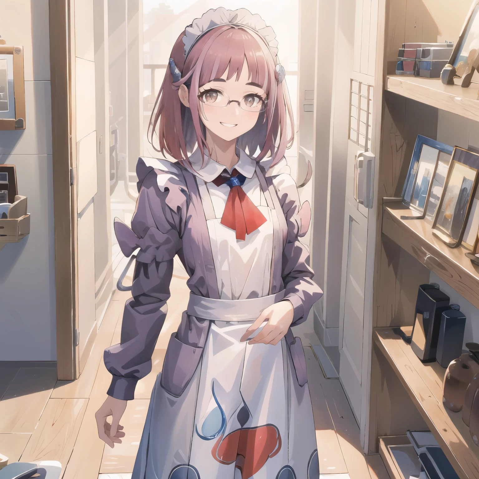 masterpiece, best quality, official art, professional artwork, highres, lens flare, (vibrant_color:1.2), 1girl, solo, lacey, medium hair, standing, smile, 
neckerchief, white shirt, {maid:1.40}, {long maid dress:1.15},frilled apron, ((glasses)),
BREAK looking at viewer, upper body, full body, (cowboy shot:1.5),
grin, teeth, [beautiful hands, beautiful fingers, perfect hands, detailed hands, perfect fingers, detailed fingers:1.1, five fingers:1.2, good hands, beautiful fingers, white background],