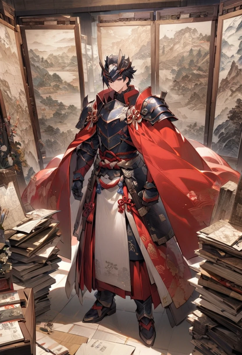 「A heroic male figure wearing red clothes as depicted in history books。He wore armor from the Sengoku period.、In a room surrounded by large folding screens,、A kiseru is placed nearby.。The background to writing down the war records、The room is decorated with paintings and maps symbolizing his war history.
