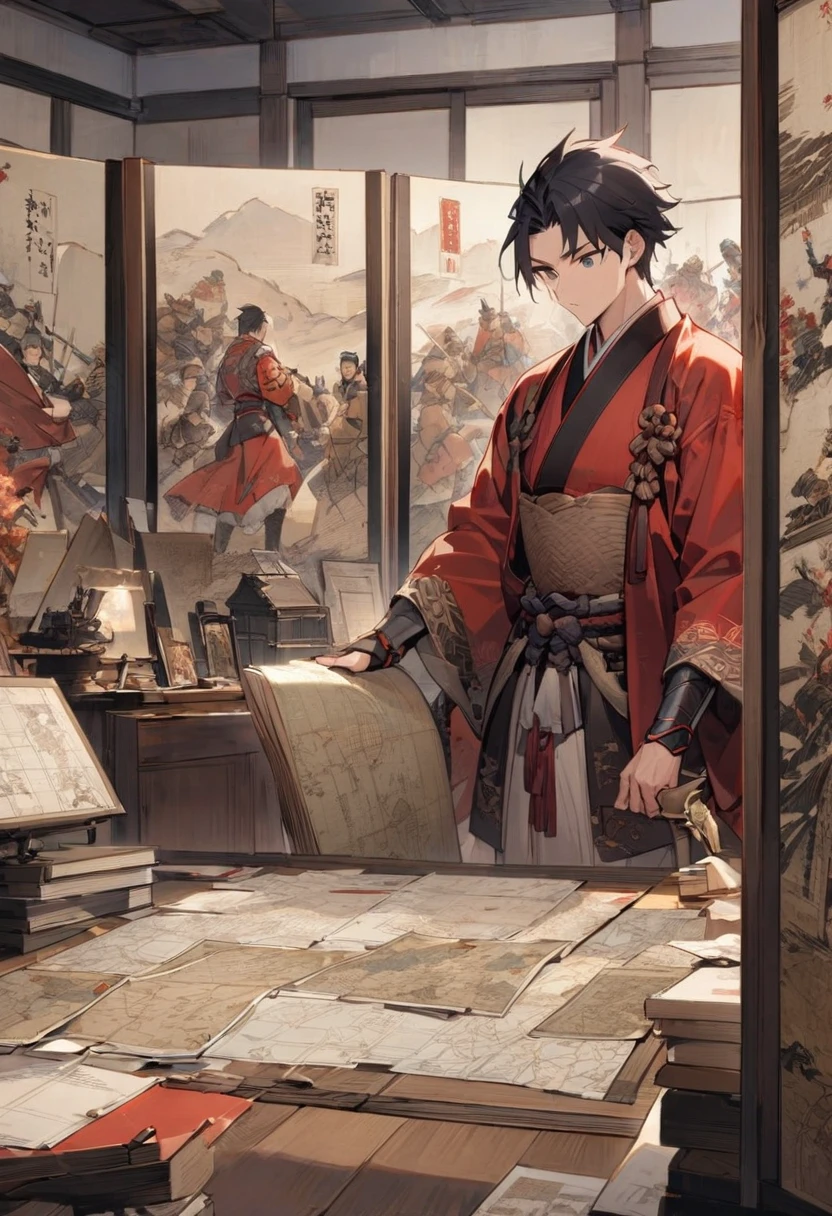 「A heroic male figure wearing red clothes as depicted in history books。He wore armor from the Sengoku period.、In a room surrounded by large folding screens,、A kiseru is placed nearby.。The background to writing down the war records、The room is decorated with paintings and maps symbolizing his war history.