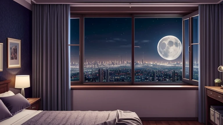 「Cozy rooms」A scene from a 3D animated movie, Large windows offer a view of the city at night., Moon with coat of arms, dark, sad mood, There is no bed making service., The furniture is cluttered and untidy, In Pixar style, Disney, Vaporwave, City night view, unmanned, There is a large TV