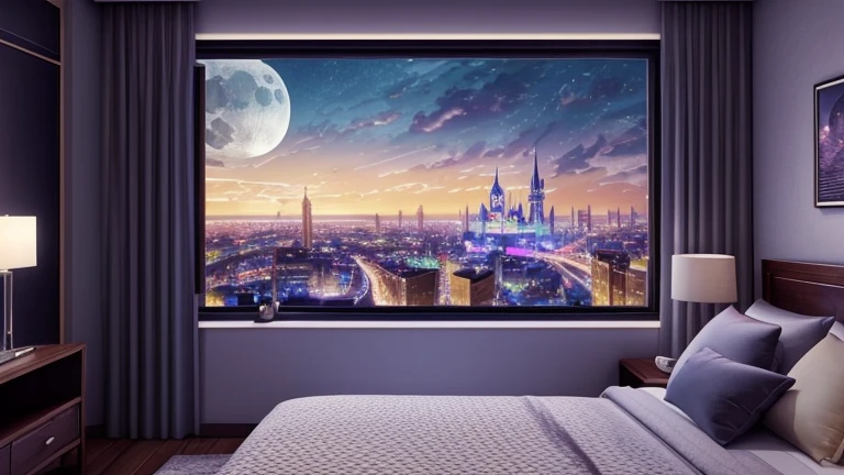 「Cozy rooms」A scene from a 3D animated movie, Large windows offer a view of the city at night., Moon with coat of arms, dark, sad mood, There is no bed making service., The furniture is cluttered and untidy, In Pixar style, Disney, Vaporwave, City night view, unmanned, There is a large TV