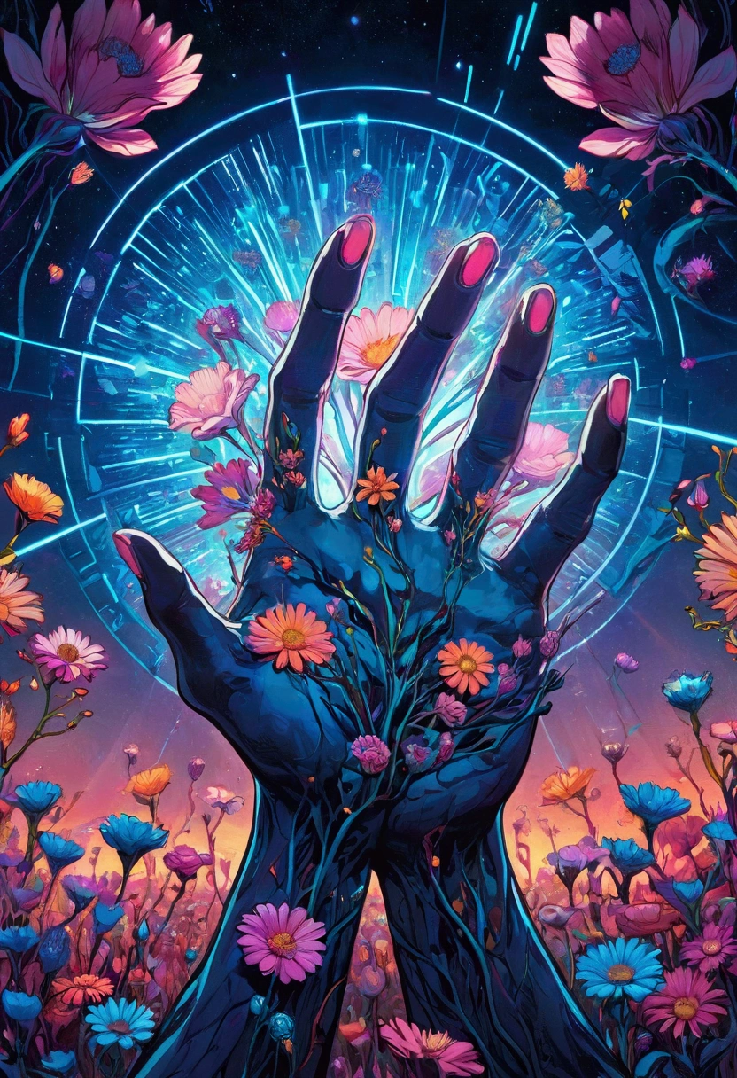 futuristic, glowing hands grasping for glitch flowers just out of reach, hyper-detailed illustration, vibrant comiccore, bold, colorful portrait, precisionist lines, dreamscape, abstract anatomy, rule of thirds,