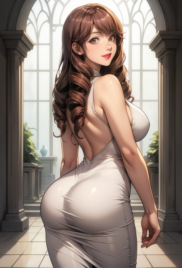 perfect eyes:1.2, detailed eyes:1.4, smile, Kurayoshi_R, long hair, breasts, drill hair, lipstick, white dress, sleeveless dress, long dress, tight dress, cowboy shot, 1girl, solo, (masterpiece:1.6, best quality), 8k, insane details, intricate details, hyperdetailed, hyper quality, high detail, ultra detailed, professional, HDR, ray tracing reflection, cinematic lighting,
