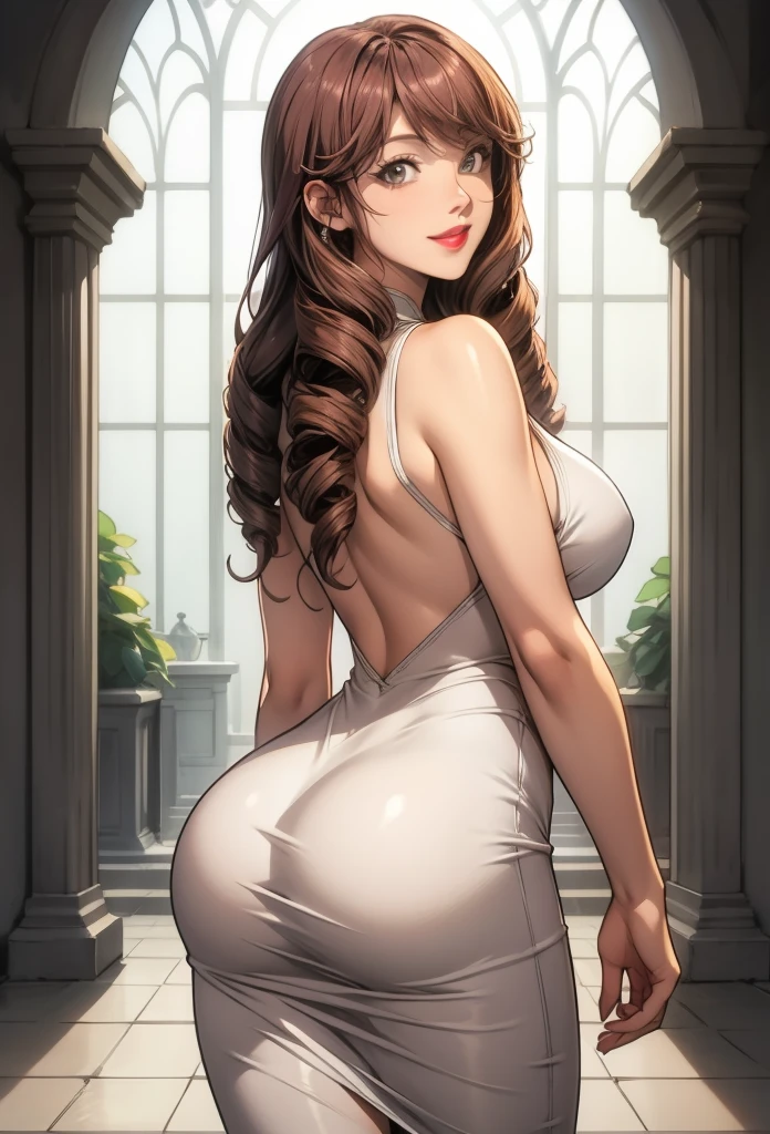 perfect eyes:1.2, detailed eyes:1.4, smile, Kurayoshi_R, long hair, breasts, drill hair, lipstick, white dress, sleeveless dress, long dress, tight dress, cowboy shot, 1girl, solo, (masterpiece:1.6, best quality), 8k, insane details, intricate details, hyperdetailed, hyper quality, high detail, ultra detailed, professional, HDR, ray tracing reflection, cinematic lighting,
