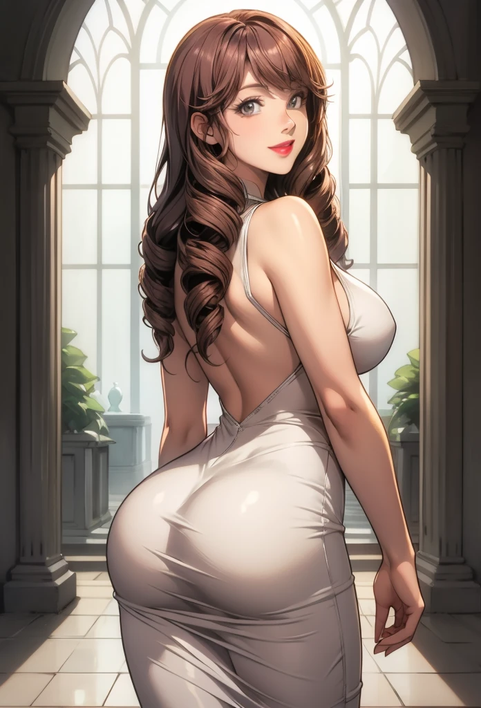 perfect eyes:1.2, detailed eyes:1.4, smile, Kurayoshi_R, long hair, breasts, drill hair, lipstick, white dress, sleeveless dress, long dress, tight dress, cowboy shot, 1girl, solo, (masterpiece:1.6, best quality), 8k, insane details, intricate details, hyperdetailed, hyper quality, high detail, ultra detailed, professional, HDR, ray tracing reflection, cinematic lighting,
