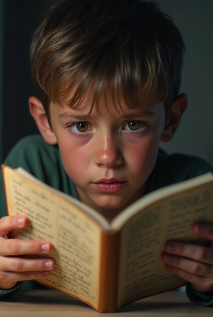 Close-up of the boy reading the diary, his face turning from curiosity to shock. His eyes begin to water as he reads the entries about his father’s financial struggles, listing the money spent on his bike, college fees, and plans for a new mobile. The background shows the diary pages filled with handwritten notes, and the boy’s tearful face reflects deep guilt.