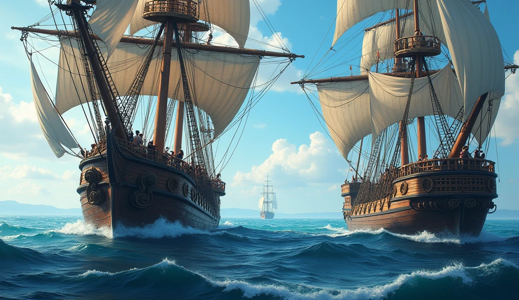 Two sailing ships close to each other in sea and two crew members going to one ship from another 