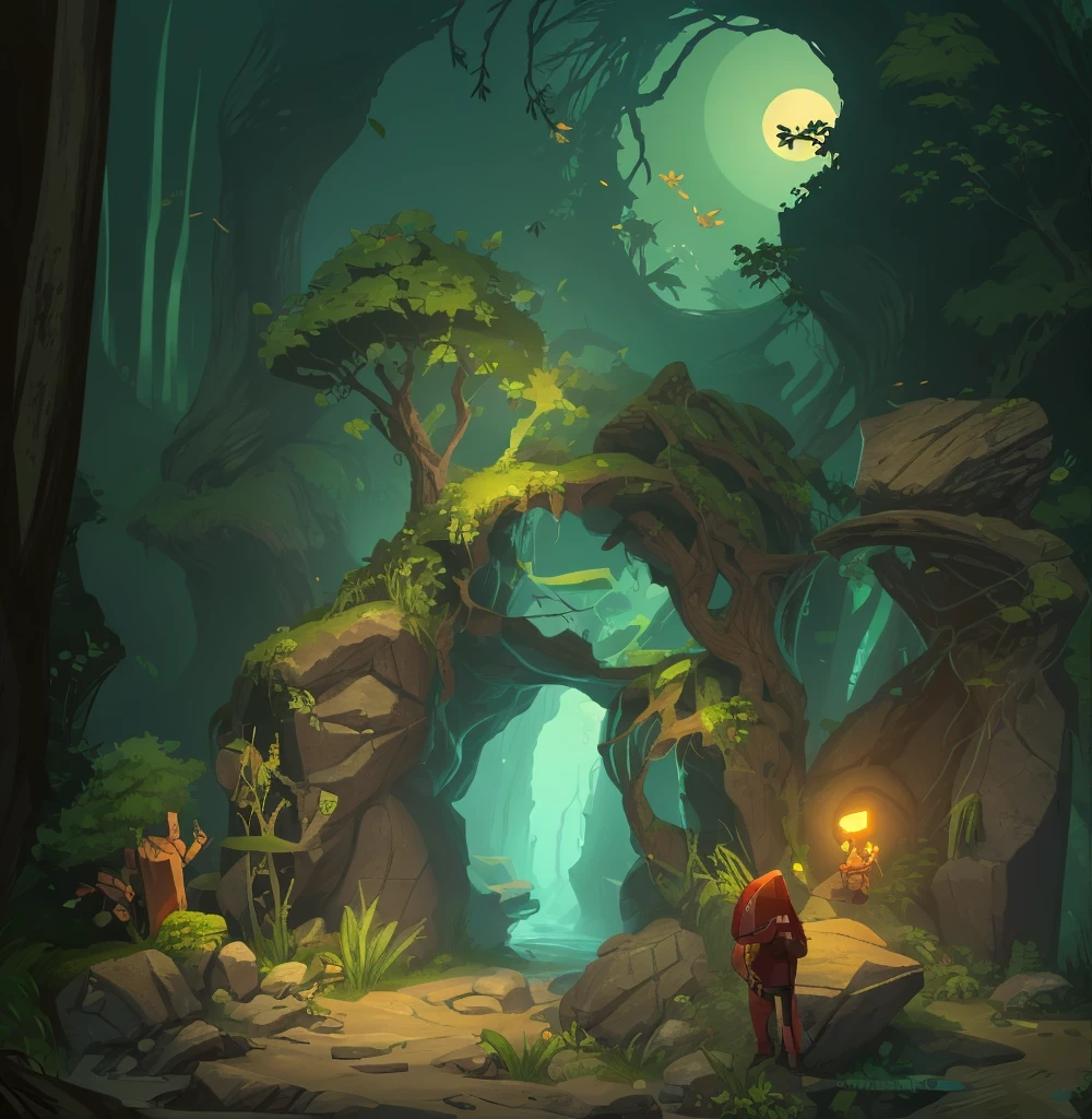 Cave entrance,The background is a forest,rock,moss, 2D Side-scrolling Game, Pixel art