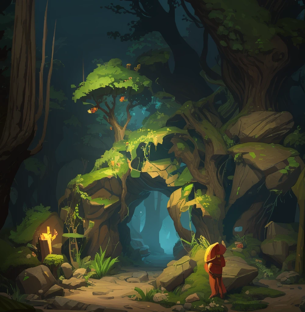 Cave entrance,The background is a forest,rock,moss, 2D Side-scrolling Game, Pixel art
