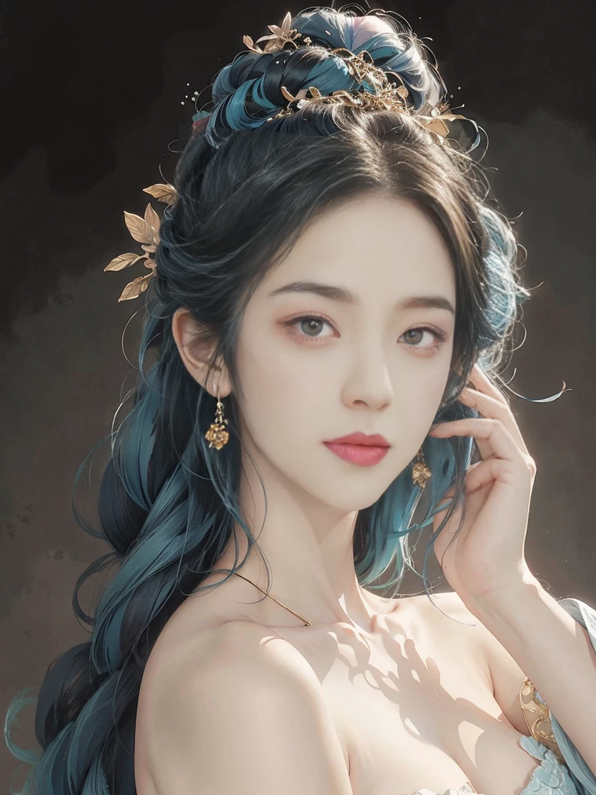 highly detailed, 8K, masterpiece, 1 girl, blue pink_hair, nude, Smile, (perfect_Face), boundary, close up, crazy,  Gorgeous, complicated, Dramatic Lighting, 4K,  Caustics, full_Body,  