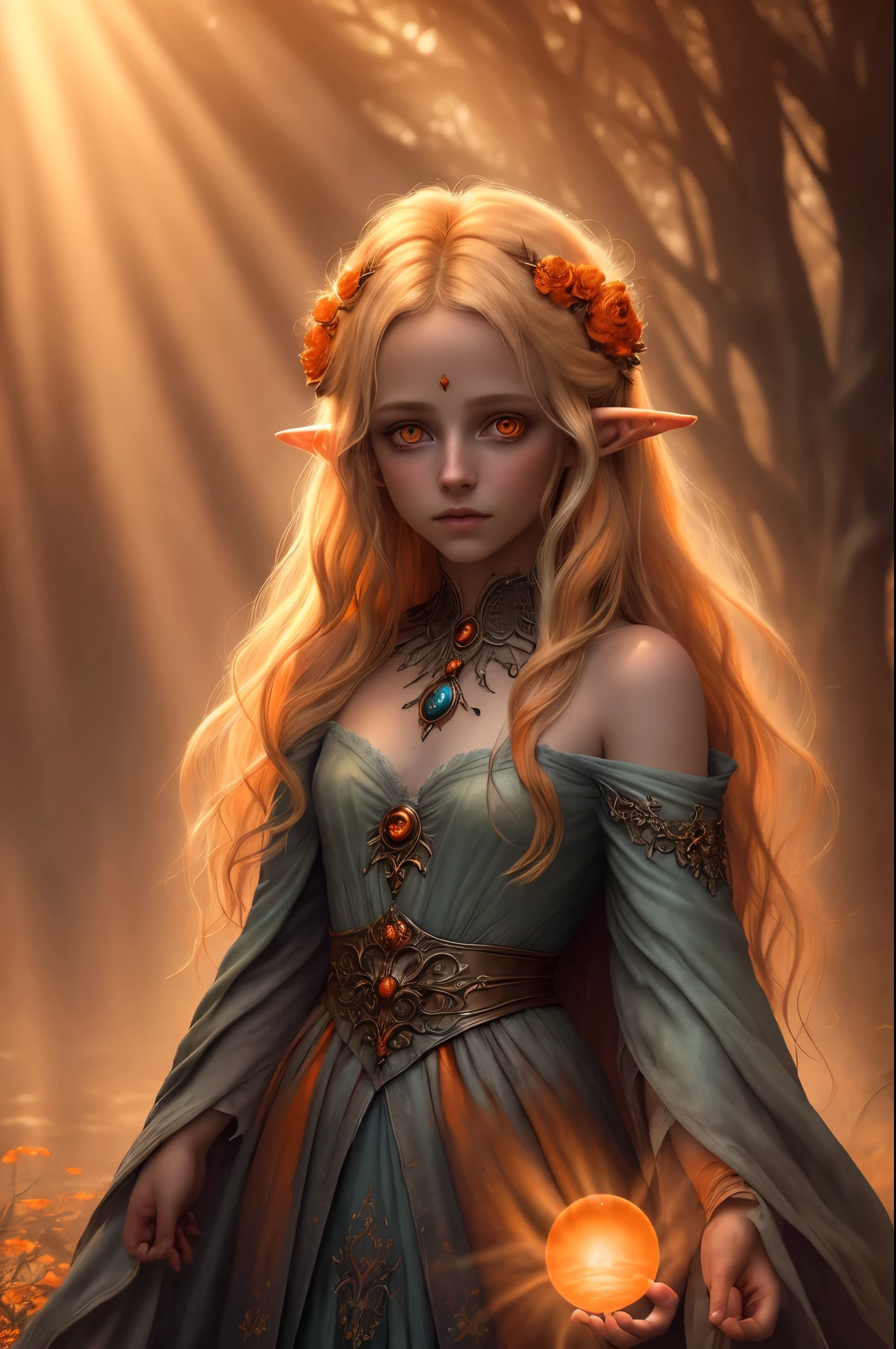 (Realystic:1.4), analog photo style, full body shot, A breathtaking elf, radiant with blonde hair, ultra-photorealistic, surreal, (masterpiece), messy hair, beautiful face, her delicate features illuminated by the soft glow of the setting sun, cinematic light, shy look to the camera, (((glowing orange eyes))), perfect anatomy, sunset, multicoloured smoke on background, dark fantasy atmosphere, deep shadows with the some sun rays, a delicate balance between reality and fantastic, faded colours, Masterpiece, most detailed blurred surreal background, naturally textured, 6k quality, ilford delta 400, film grain, bokeh.