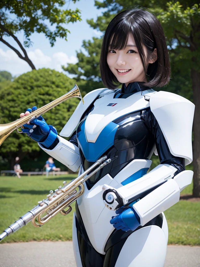 Japanese female android,Black Hair,White and blue robot suit,Plump,Playing the trumpet in the park,smile