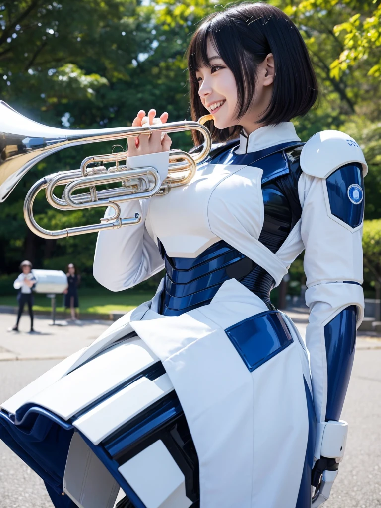 Japanese female android,Black Hair,White and blue robot suit,Plump,Playing the trumpet in the park,smile