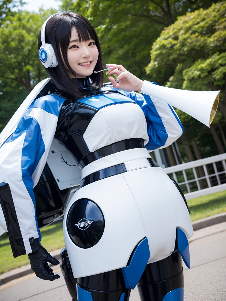 Japanese female android,Black Hair,White and blue robot suit,Plump,Playing the trumpet in the park,smile