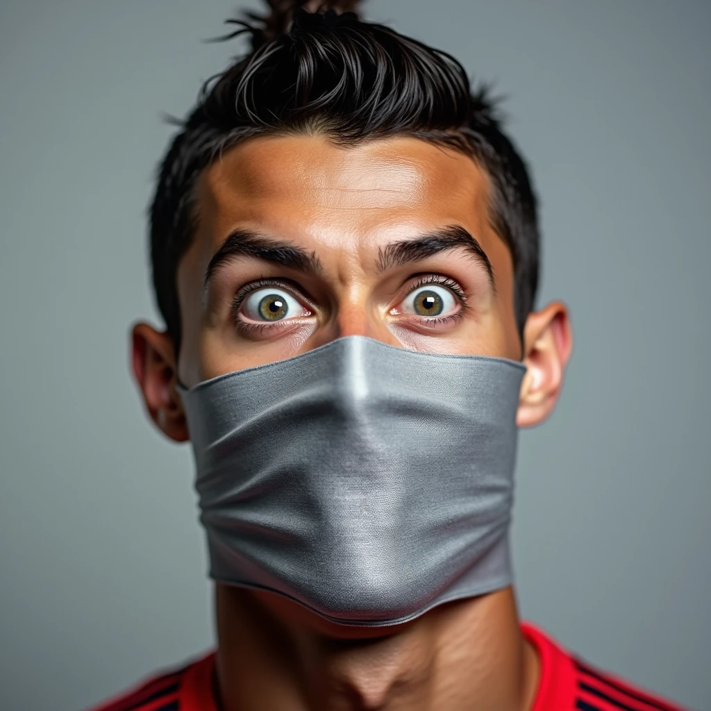 The image is a close-up portrait of Cristiano Ronaldo face. He is wearing a blue beanie and has a bandage wrapped around his mouth and nose. His eyes are wide open and his mouth is slightly open, as if he is laughing. The bandage is silver and appears to be wrapped around the man's neck and upper body. The background is a plain grey color. The man's expression is one of surprise or excitement.