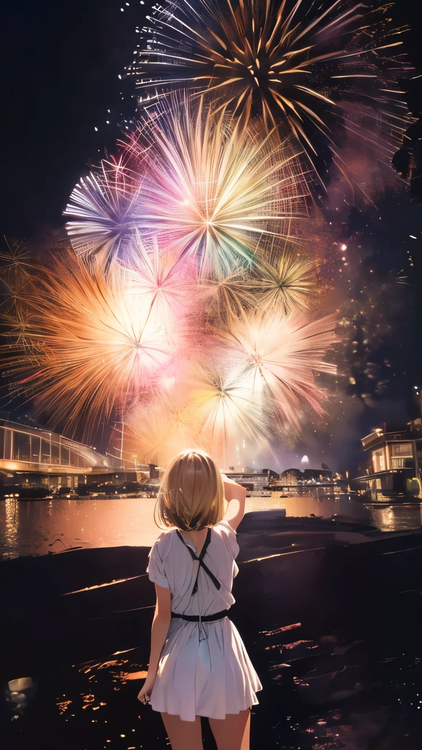 Fireworks across the sky、 Girl Turning Around、Blonde girl