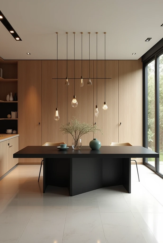 Dining table with black MDF and wooden MDF cabinets and light porcelain floor, touches of lighting and minimalist and organic furniture