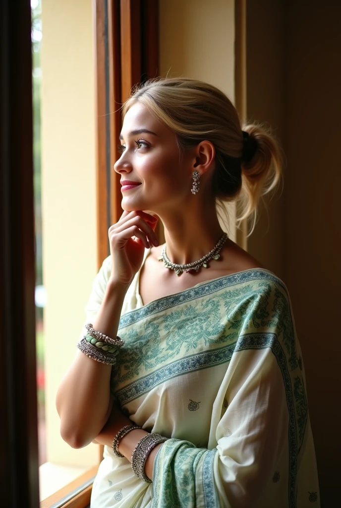 (photo ratio 1:1)The image features a young woman standing in front of a wooden door and a cream-colored wall. She is wearing a traditional Indian sari with a predominantly white base and intricate green and blue patterns. The sari has a mix of floral and geometric designs. The woman has her blonde hair tied back and is accessorized with silver earrings and bangles. She appears to be lock at window,window is open and sunlight is on his half face,on hand on his neck and smile