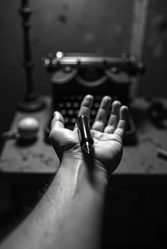 A b&w pov shot of wrist being cut with a fountain pen in a gloomy, dilapidated horror setting of a writer's room. The fountain pen is inside the wrist cutting it and in the background is a blurry typewriter