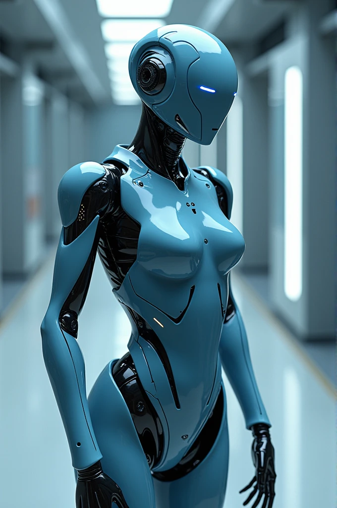 Female Android　The figure is glamorous　The entire body is covered in a metallic silver reinforced suit.　She is facing the screen and looking back at us.　His entire face is covered in the same metal as his smooth-looking body, so his expression is hidden.　Laboratory-like background