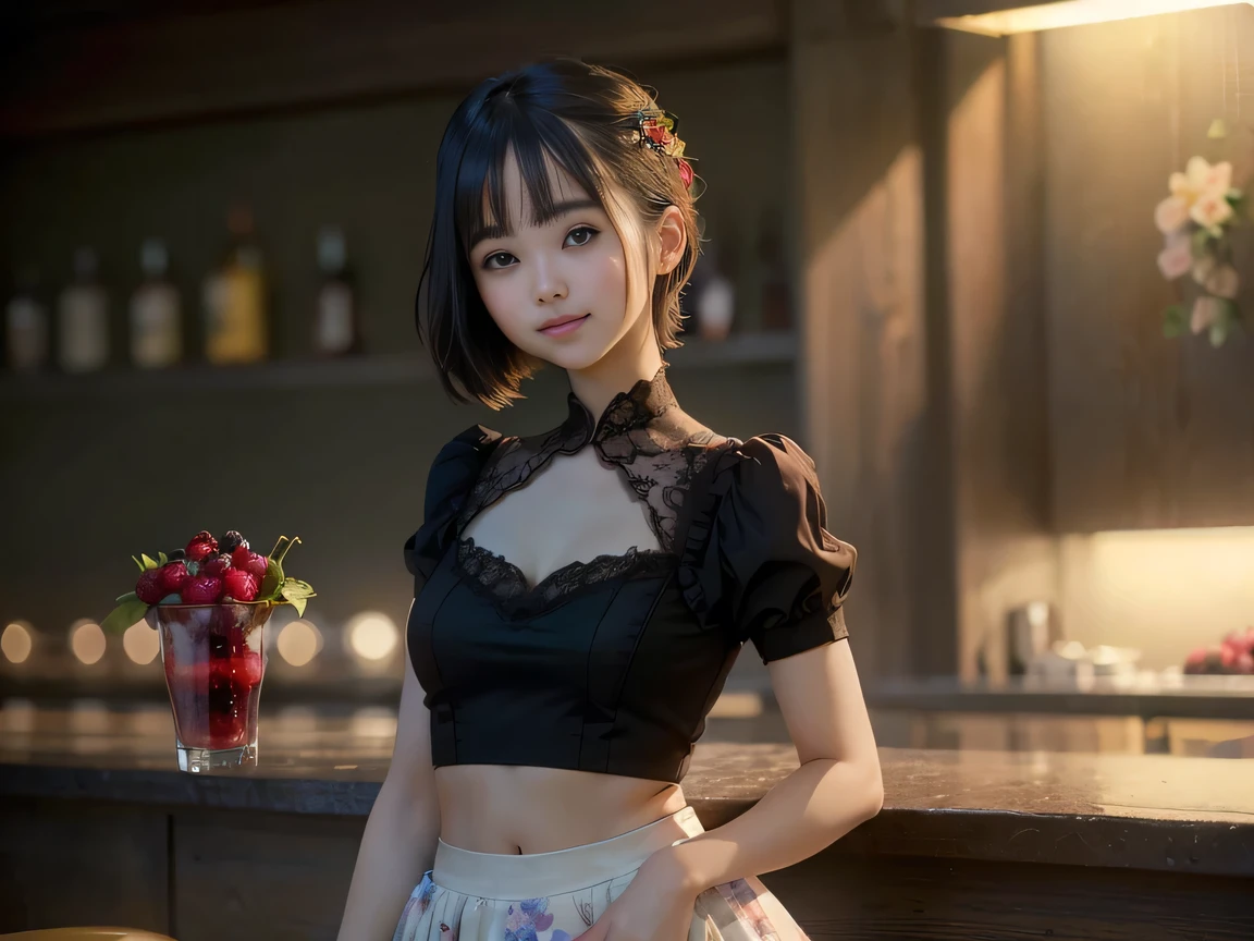 (Highest quality, masterpiece, Ultra-high resolution, 8k, RAW Photos, Realistic, Anatomically correct:1.5), 20-year-old girl:1.2, Embarrassing, avert your eyes, blush:1.0, View Viewer, ((bar)) 、Large windows、Night view、 Light:1.2, Bokeh, Cinema Lighting:1.0, Depth of written boundary, sharp、 Cute Face、Idol、(Black short sleeve lace top)、(Black tulle skirt)、(Black clothing)、(Floral clothes)、”dwarf”、(Full Body Shot)、(Side angle)、Cowboy Shot、( smile)、((Ultra short hair、Berry Short))、(Straight bangs)、((See-through))、(( One woman))、look back、I can see your belly button、
