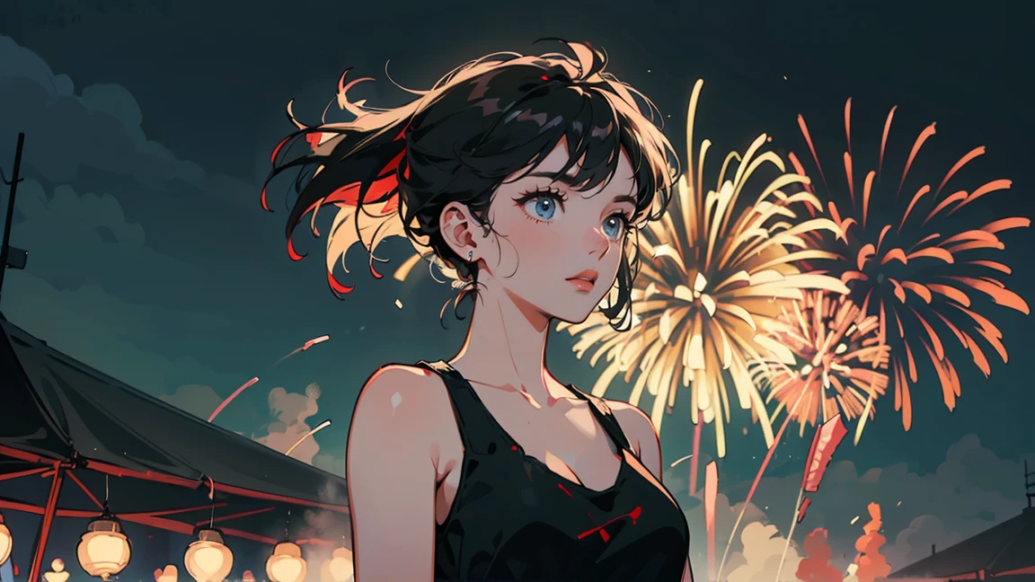 Sexy upper body shot, Heartbroken young woman, Left justified. To the camera, A melancholic yet defiant look. reveal, A slightly disheveled black tank top. Messy black hair.
Right background and top half: A lively fireworks display. Red glow, Money, Blue in the night sky.
Bottom right: Silhouette of a festival structure in the distance.
The softness of fireworks, A woman illuminated by colorful lights. A clear line between women and fireworks - no overlap.