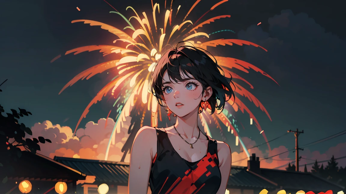 Sexy upper body shot, Heartbroken young woman, Left justified. To the camera, A melancholic yet defiant look. reveal, A slightly disheveled black tank top. Messy black hair.
Right background and top half: A lively fireworks display. Red glow, Money, Blue in the night sky.
Bottom right: Silhouette of a festival structure in the distance.
The softness of fireworks, A woman illuminated by colorful lights. A clear line between women and fireworks - no overlap.