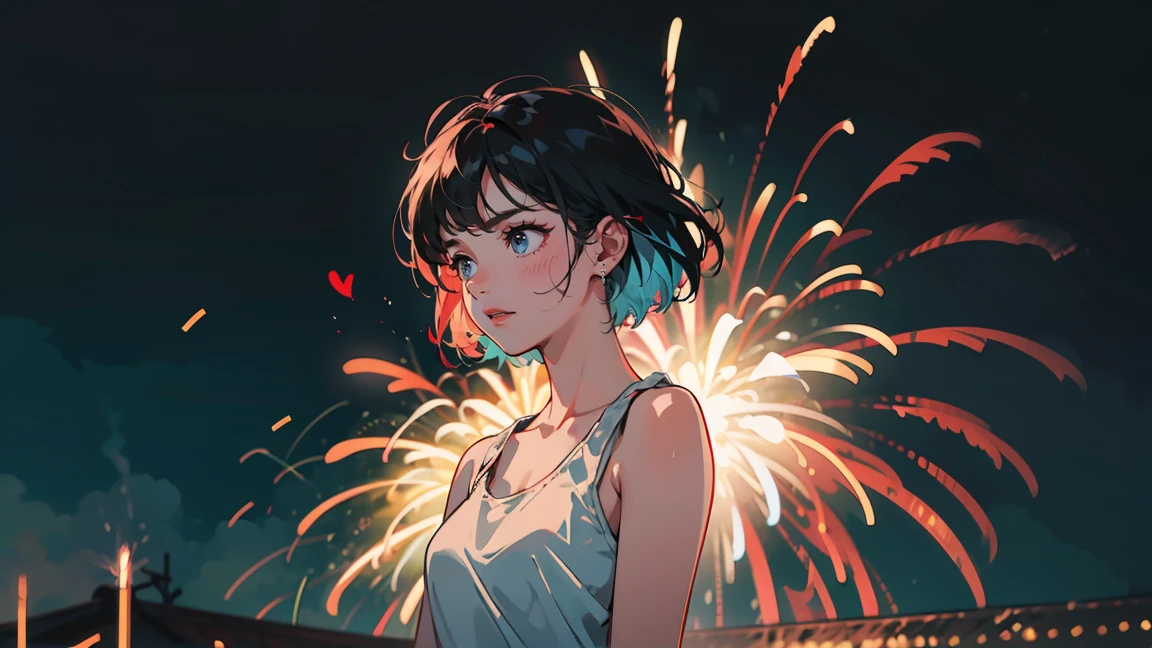 Sexy upper body shot, Heartbroken young woman, Left justified. To the camera, A melancholic yet defiant look. reveal, A slightly disheveled black tank top. Messy black hair.
Right background and top half: A lively fireworks display. Red glow, Money, Blue in the night sky.
Bottom right: Silhouette of a festival structure in the distance.
The softness of fireworks, A woman illuminated by colorful lights. A clear line between women and fireworks - no overlap.