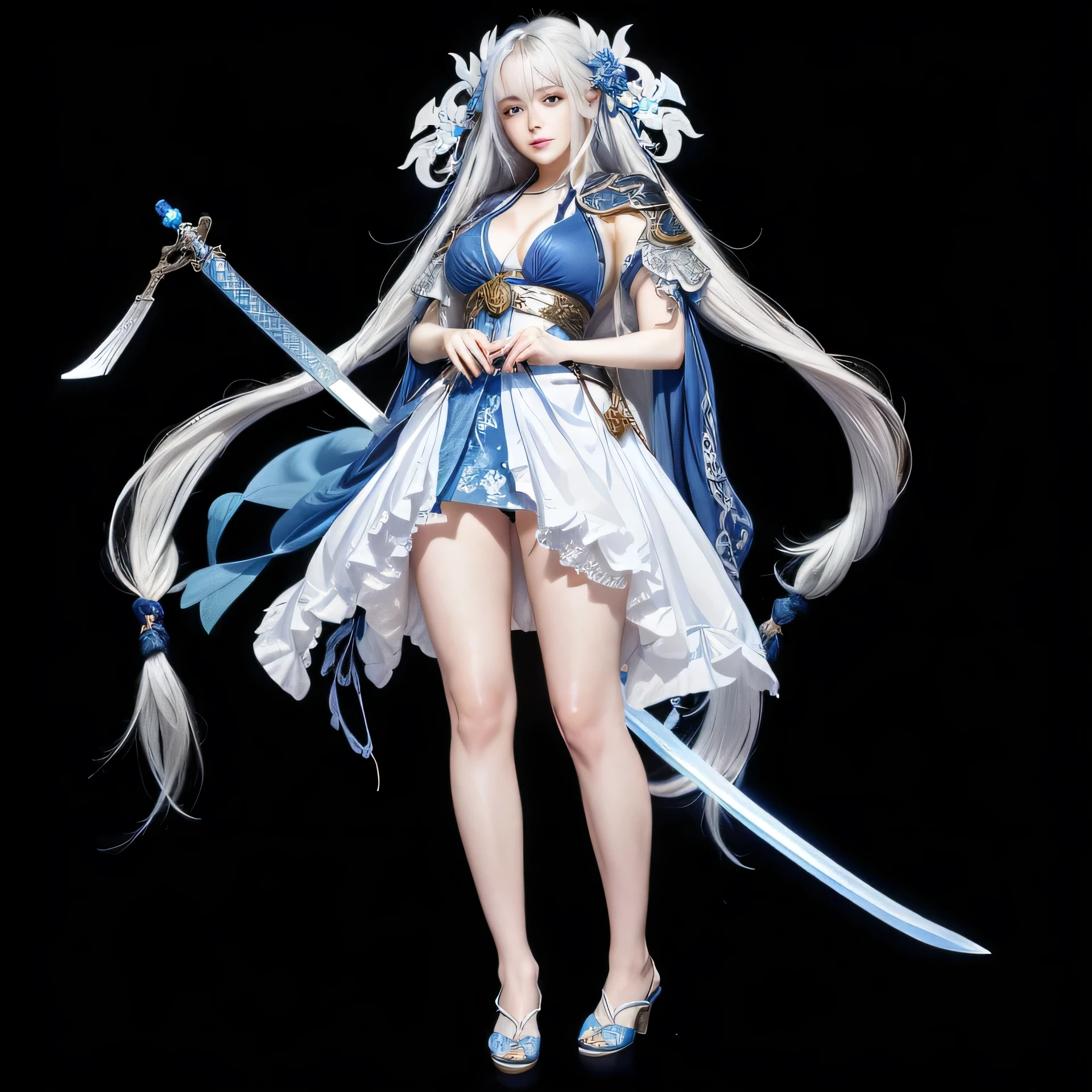 girl with long white hair and blue dress holding a sword, onmyoji detailed art, realistic, seksy bikini, booty body, wuthering waves girl