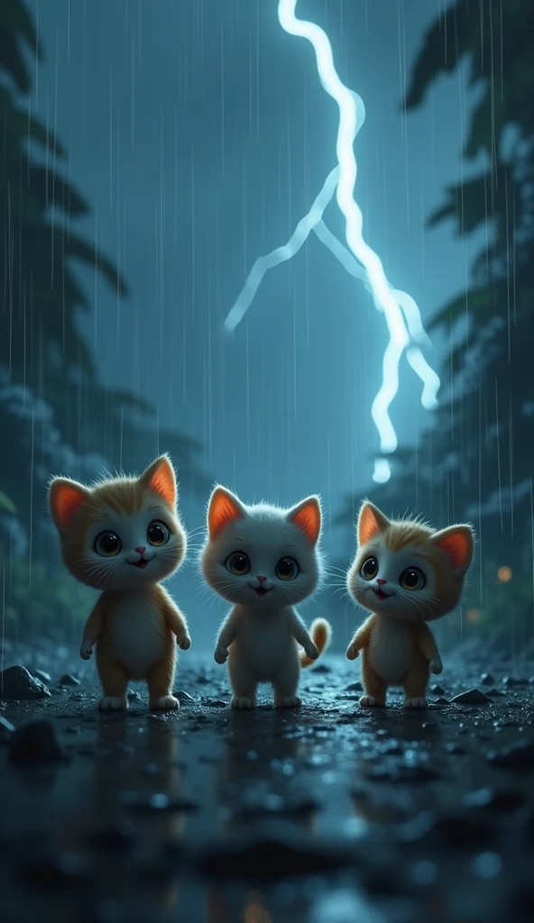 dramatic shot of a stormy night, with flashes of lightning)
Narrator: "On a stormy night, three tiny cartoonish kittens found themselves lost and alone...