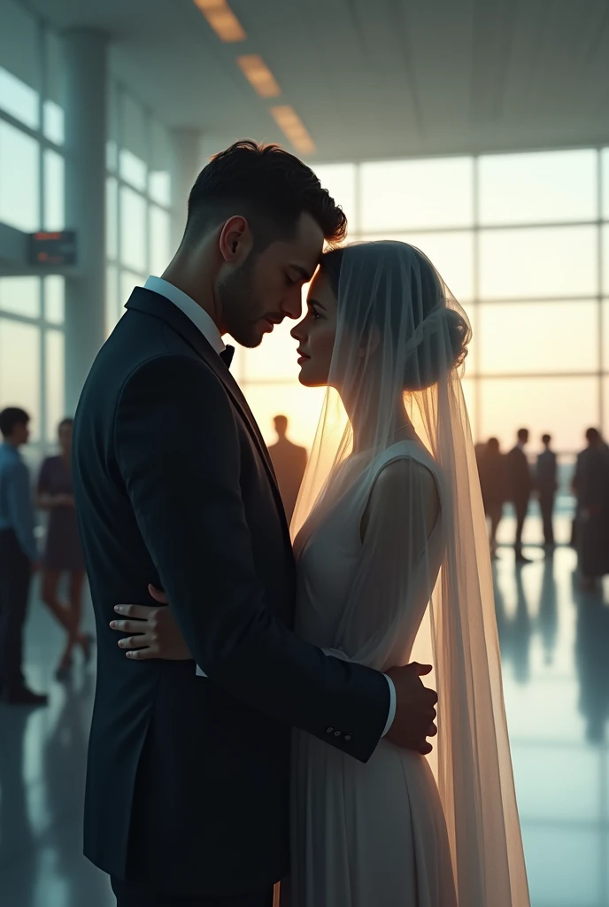 A veiled girl wearing very elegant clothes bids farewell to her tall husband at the airport