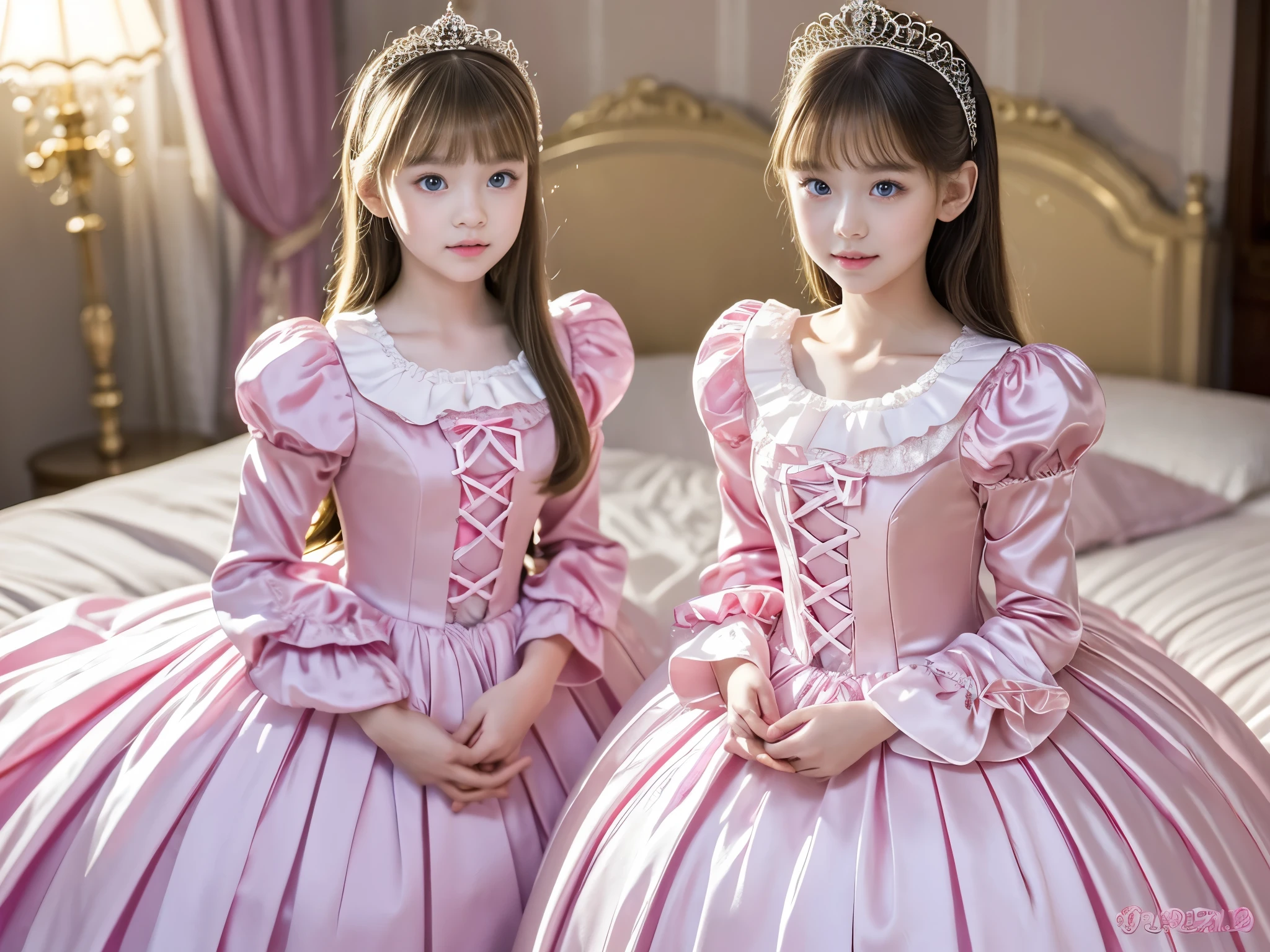 ,highest quality, masterpiece, highest resolution, artwork, super それにget used to it, many get used to it, get used to it, それにget used to it, 3k realistic pictures,,(( girls)),Ultra-detailed juvenile face,two are princesses,full length ball gown dress with hoop skirt,ruffled yoke collar,puff sleeves,long sleeve,((Lolita style hot pink detailed princess satin dress with lots of ruffles and ribbons)),Rococo style lolita fashion,shiny satin dress,Soft and smooth fabric,luxury,long blonde hair,blue eyes,white skin european,Pajama,((in the bedroom)),high quality luxury bed,