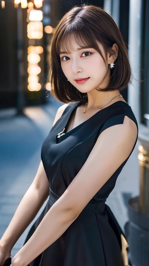masterpiece, Highest quality, High resolution, One girl, alone, Anastasia (Idol Master), Idol Master cinderella girls,short hair, Brown Hair, Black Dress, Cowboy Shot, Mouth closed, upper_body,