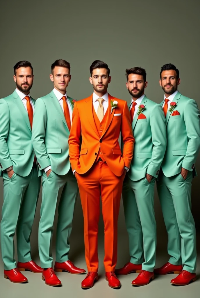 Generate a photo of a groom in an orange suit, orange vest and red shoes, with 6 groomsmen in light green suits in matching tones