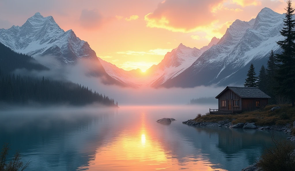 "Create an ultra-realistic image of a sunrise in the Andes mountains. Show the sun rising behind the snow-capped mountains, with a soft mist hovering over a crystal clear lake and a coniferous forest in the background. Include details such as reflections in the water and a small wooden cabin on the shore.."