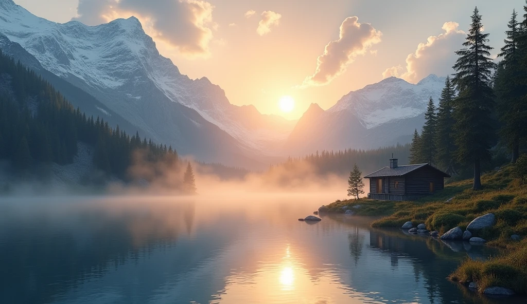 "Create an ultra-realistic image of a sunrise in the Andes mountains. Show the sun rising behind the snow-capped mountains, with a soft mist hovering over a crystal clear lake and a coniferous forest in the background. Include details such as reflections in the water and a small wooden cabin on the shore.."