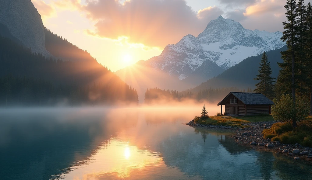 "Create an ultra-realistic image of a sunrise in the Andes mountains. Show the sun rising behind the snow-capped mountains, with a soft mist hovering over a crystal clear lake and a coniferous forest in the background. Include details such as reflections in the water and a small wooden cabin on the shore.."
